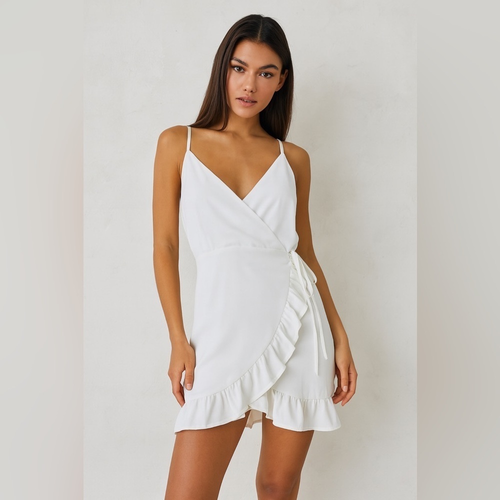 Sunset & Spring Feminine Faux Wrap Romper Small White Spaghetti Strap V Neck